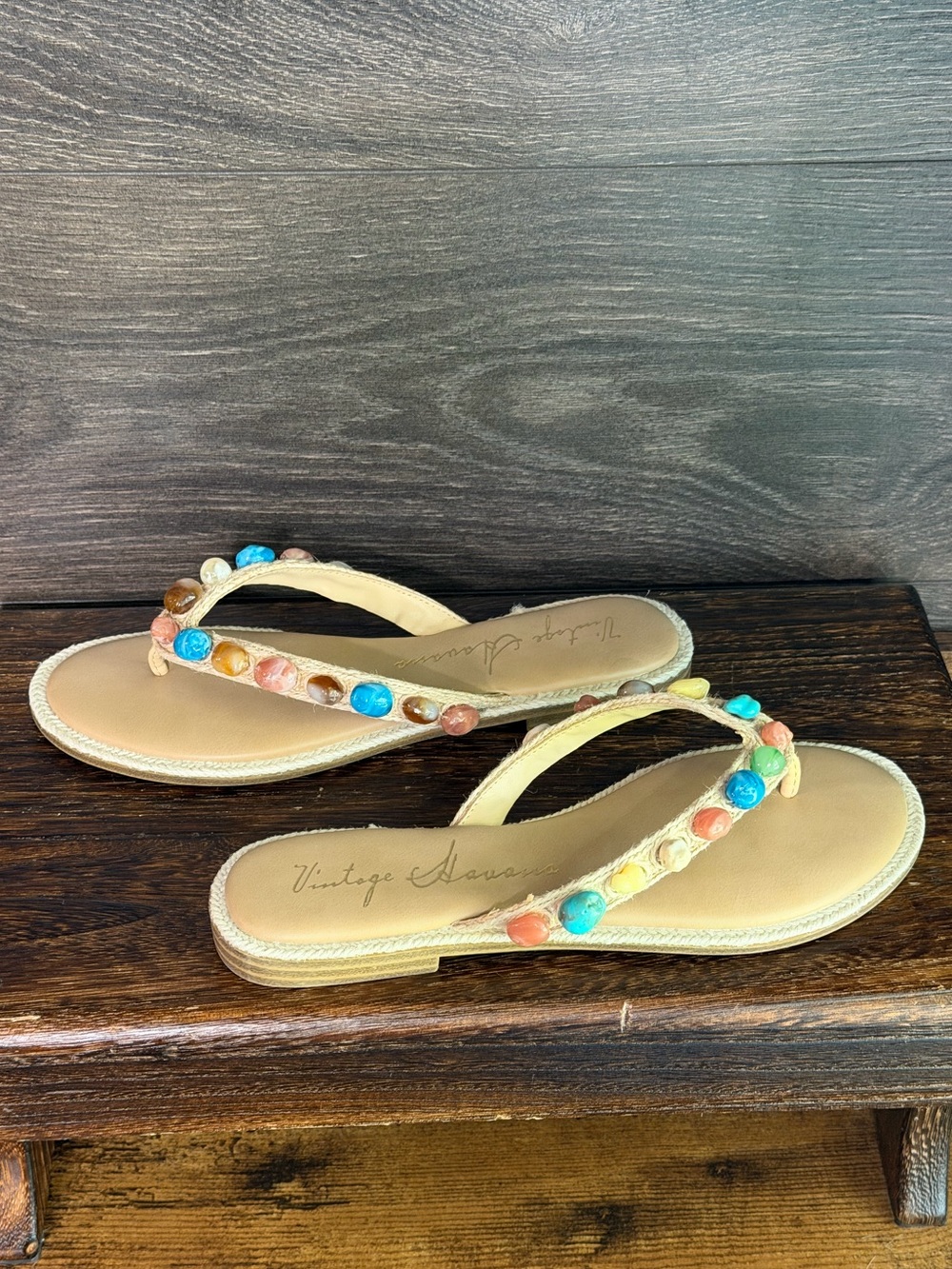 Vintage Havana Sandy Beige Beaded Thong Sandals NIB Size 7 - Picture 4 of 16